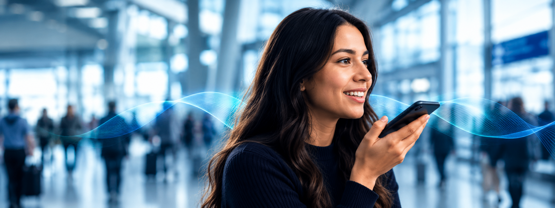 Traveller speaking into her phone in an airport terminal while VocaTrans translates